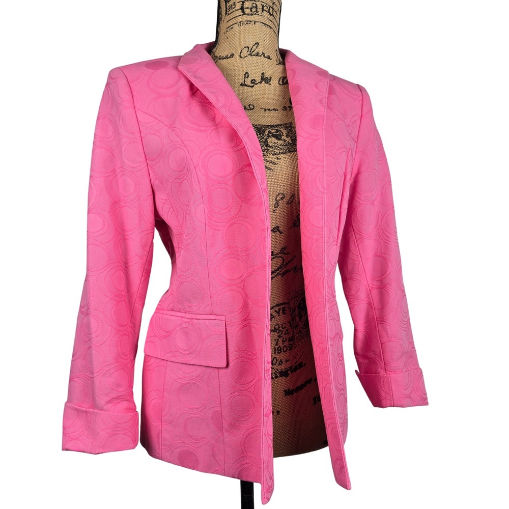 Investments Petites Hot Pink Jacquard Circle Blazer Jacket 14P Open Front Pocket